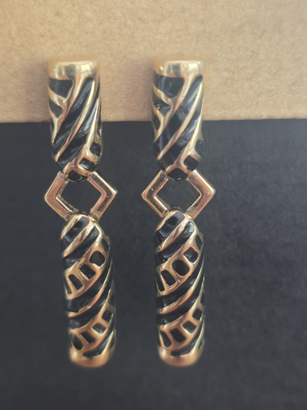 Vintage Monet Goldtone and Black Enamel  Drop Earrings